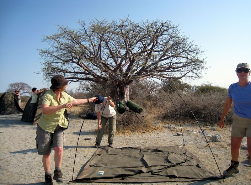 Groepsreis Botswana tentenkamp opzetten