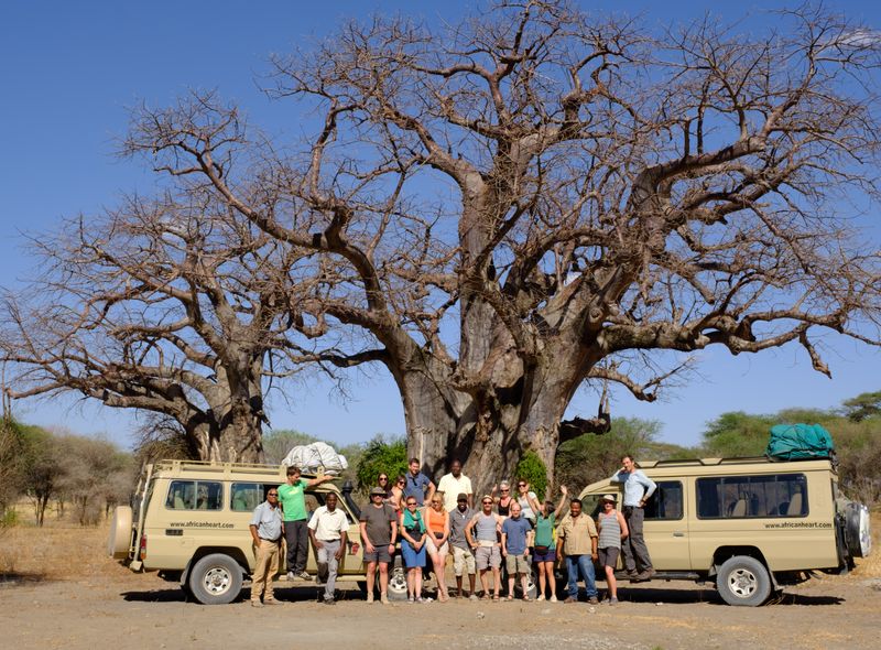 Groepsreis Kenia en Tanzania safari jeeps in Tarangire bij een baobab