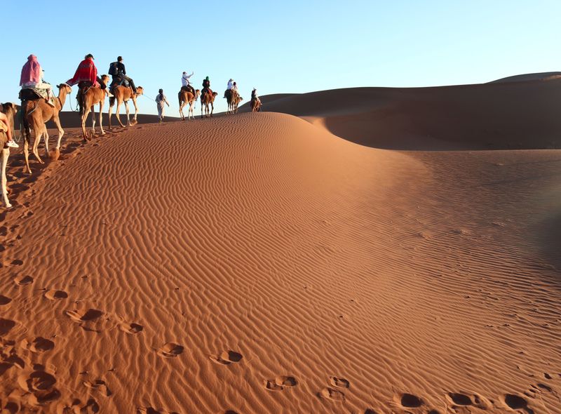 Groeppsreis Marokko dromedaristocht bij zonsondergang in de woestijn