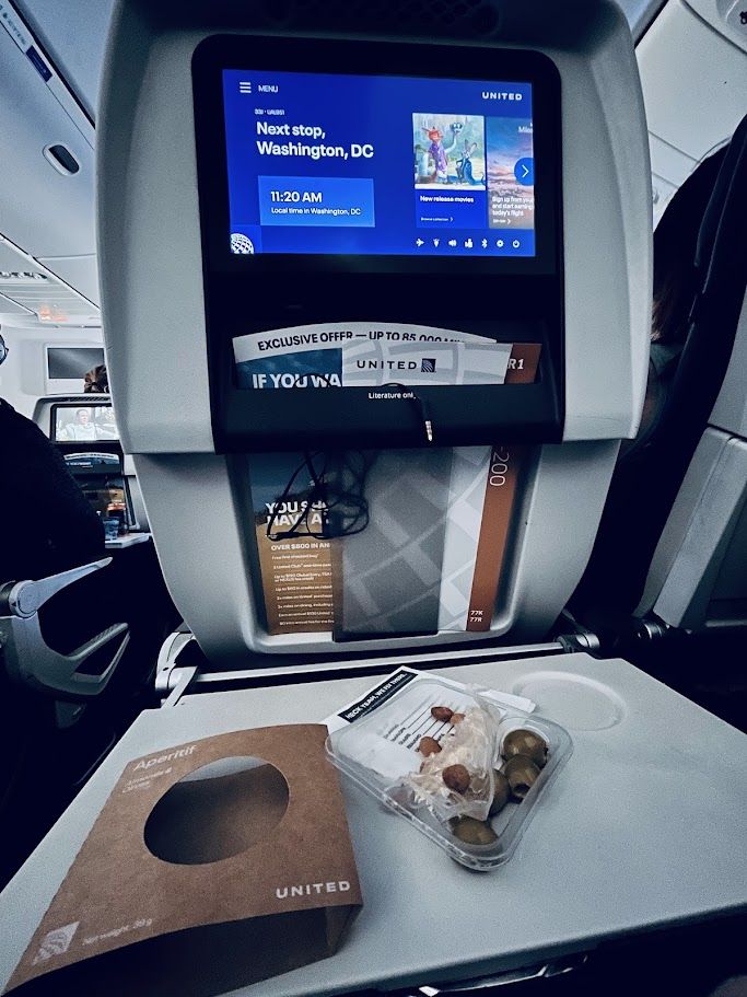 United Airlines seat with screen and food