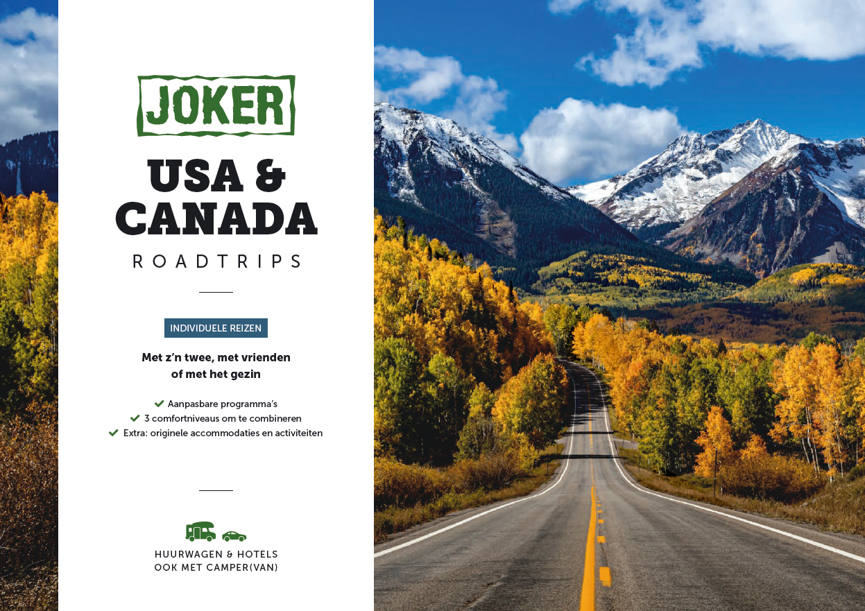 Brochure individuele rondreizen voor koppels, vrienden en gezinnen in Amerika en Canada, zowel met huurwagen als met camper of campervan