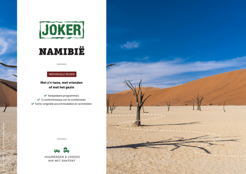 Brochure individuele rondreizen voor koppels, vrienden en gezinnen in Namibië, zowel met huurwagen als met 4x4 met daktent