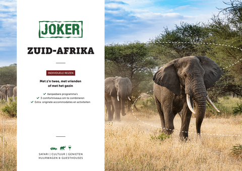Brochure individuele rondreizen voor koppels, vrienden en gezinnen in Zuid-Afrika, zowel met huurwagen als met 4x4 met daktent